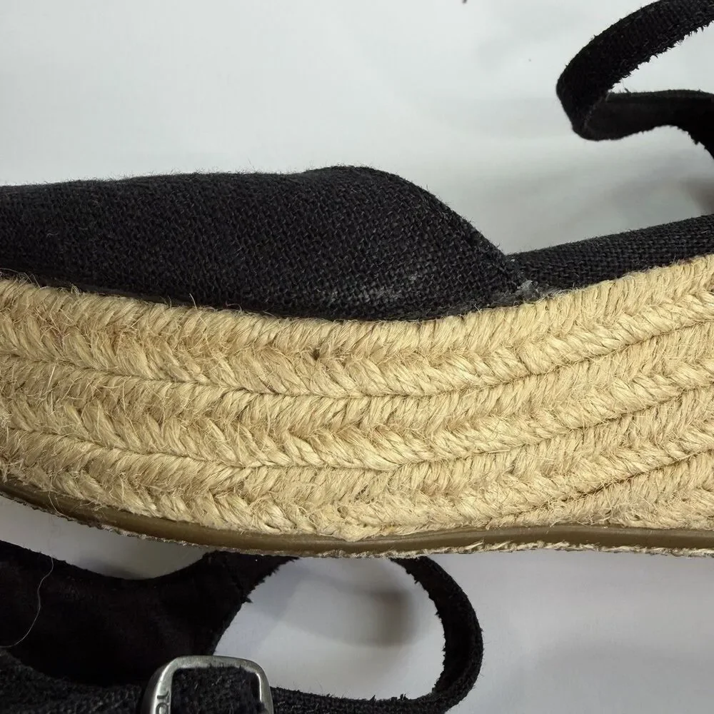 TOMS Black Canvas Peep Toe Jute Wedge Heel‎ Espadrille Sandals Sz 7
